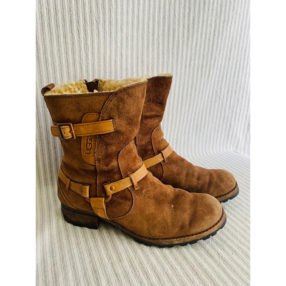 UGG Australia Endell Chestnut Brown Suede Moto Boots 5604 Womens 10 Distressed